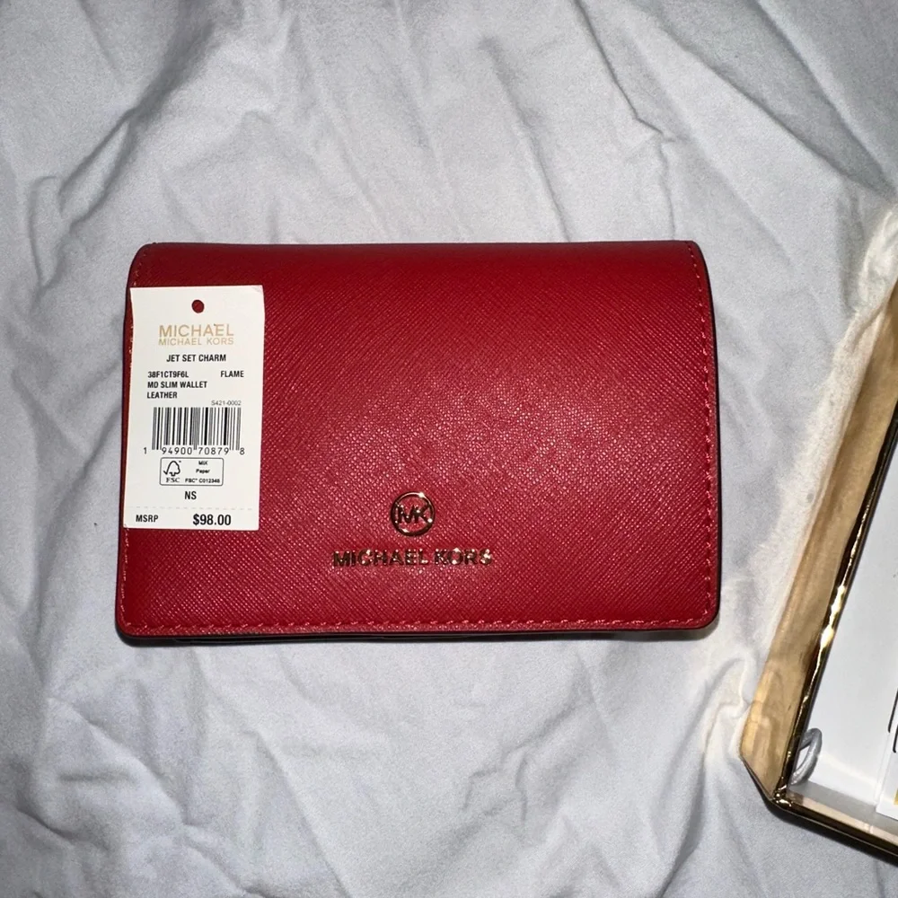Michael Kors Flame Red Saffiano Leather Card Wallet with Gold Logo